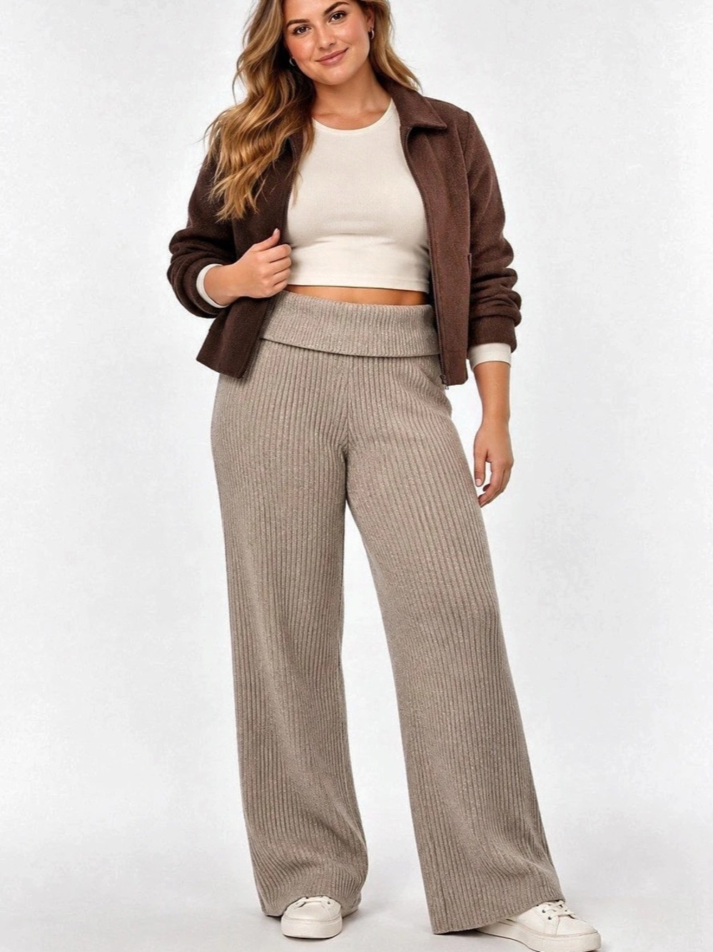 NWT Aerie Ribbed Knit Foldover Wide Leg Lounge Pants XL Taupe